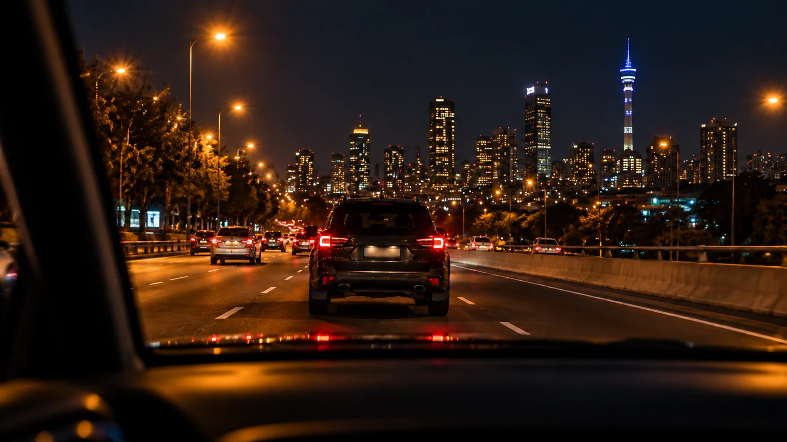 AI illustration of a night drive on a Johannesburg road, viewed through a windshield.